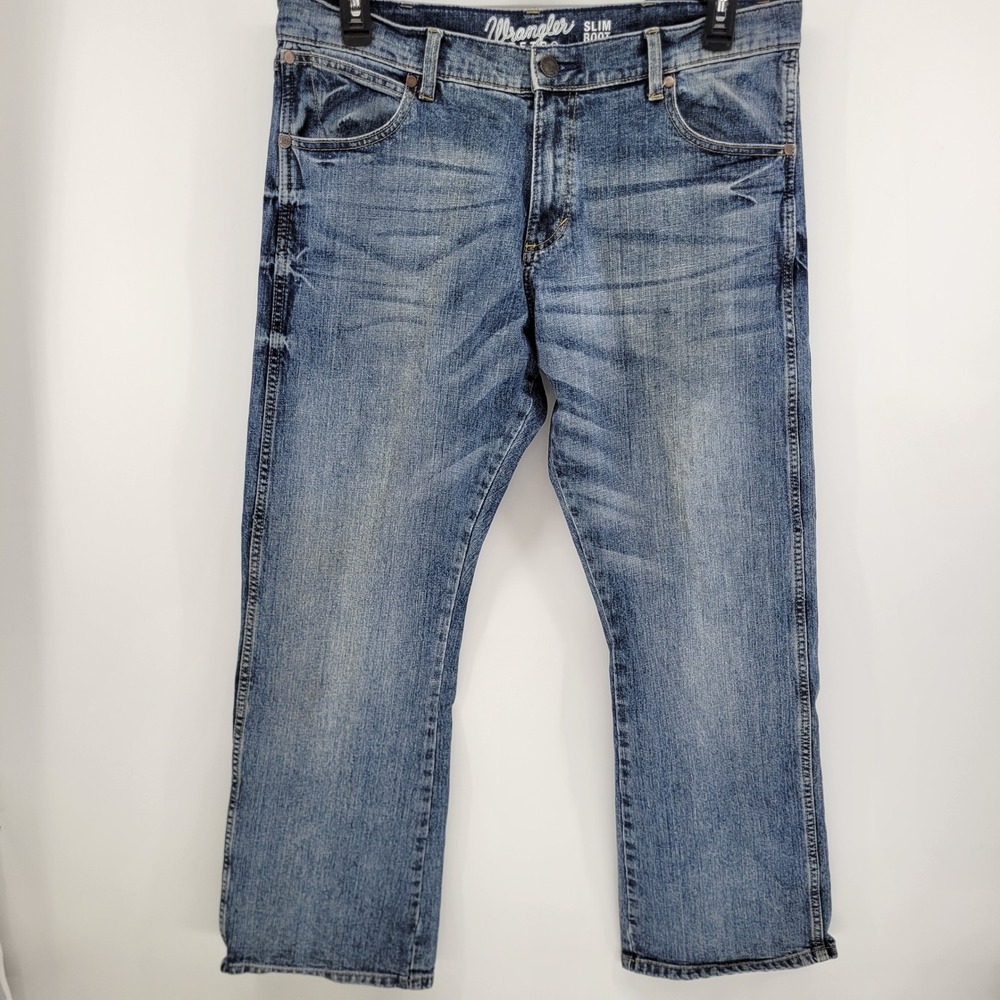 Wrangler Retro Slim Boot Jeans Mens 36x32 Blue Medium Wash Stretch Denim 77MWZGL
